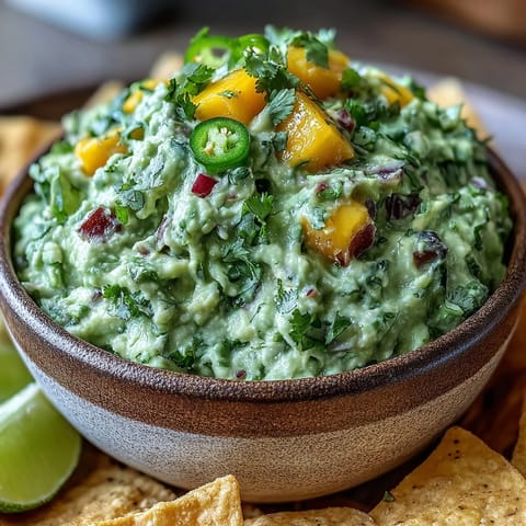 Easy Cinco de Mayo Guacamole with Mango and Jalapeño in a white bowl, garnished with fresh cilantro and lime wedges, served with crispy tortilla chips.