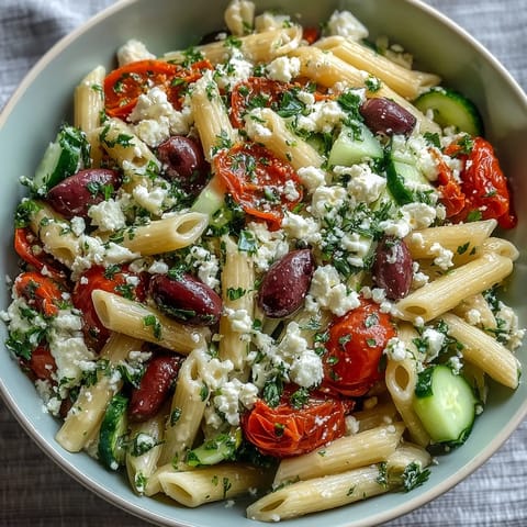 Greek pasta salad with olives and feta, a colorful mix of crisp vegetables and tangy cheese, perfect for summer picnics.