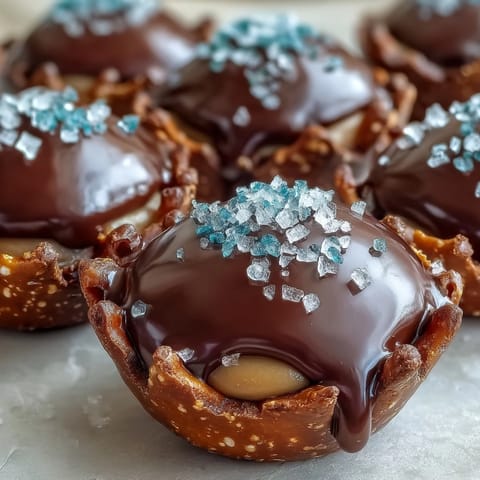 Peanut Butter Eggs with pretzel crust and chocolate topping in a festive Easter dessert display.