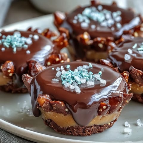 Crunchy pretzel crust chocolate cups filled with creamy peanut butter and topped with smooth melted chocolate.