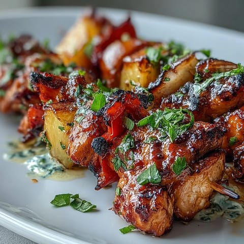 Grilled Pineapple Chicken Skewers with juicy chicken and sweet pineapple chunks, perfect for summer BBQs.  