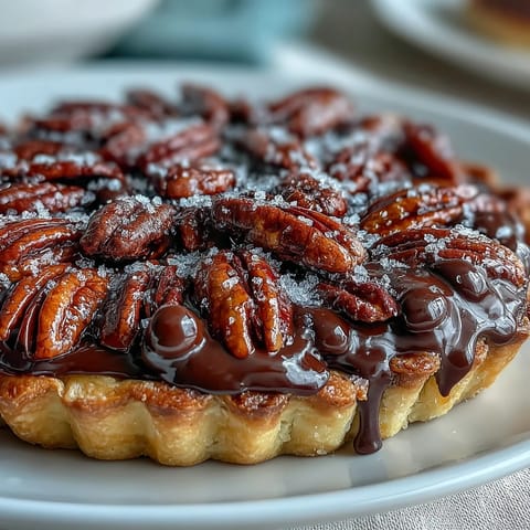 Decadent Kentucky Derby Chocolate Bourbon Pecan Tart with rich chocolate chips, crunchy pecans, and a flaky golden crust.  