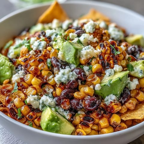 Grilled corn and black bean taco salad with fresh avocado and zesty lime dressing, served in a colorful bowl.  