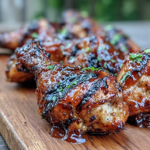 Sweet and spicy BBQ chicken drumsticks with sticky peach glaze, grilled golden brown.