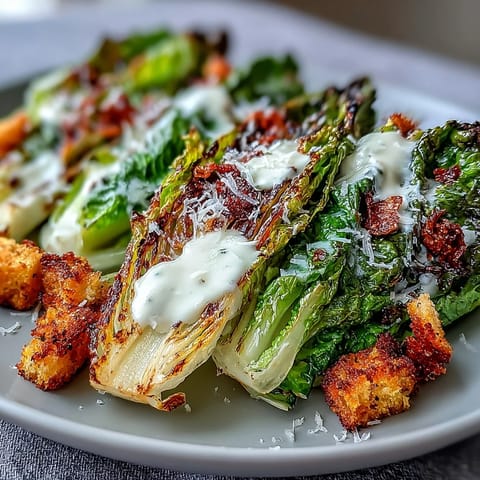 Smoky Grilled Caesar Salad served warm with shaved Parmesan and delicious homemade dressing.