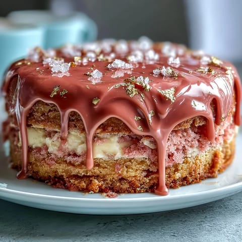 Elegant pink Rosé Velvet Cake showered with shimmering edible gold.