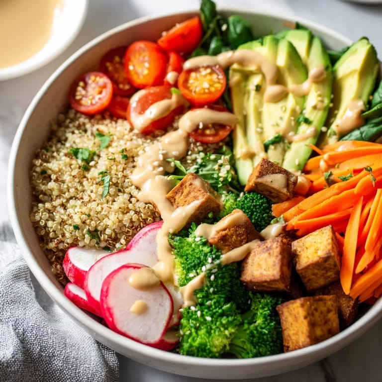 Hearty Buddha Bowl featuring brown rice, sliced chicken, fresh veggies, and sesame seeds, served as a colorful, balanced meal.