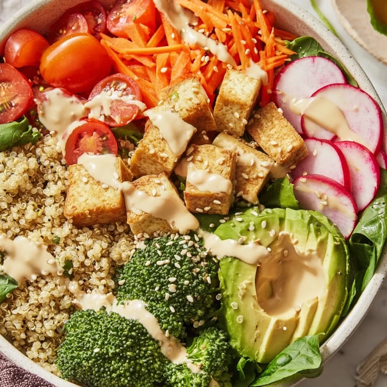 Nourishing Buddha Bowl topped with pickled onions, cherry tomatoes, and shredded carrots, ready to enjoy for a healthy lunch.