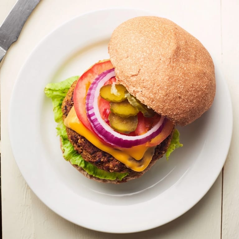 A freshly assembled Veggie Burger layered with crisp lettuce, onion rings, and classic condiments on a plate.