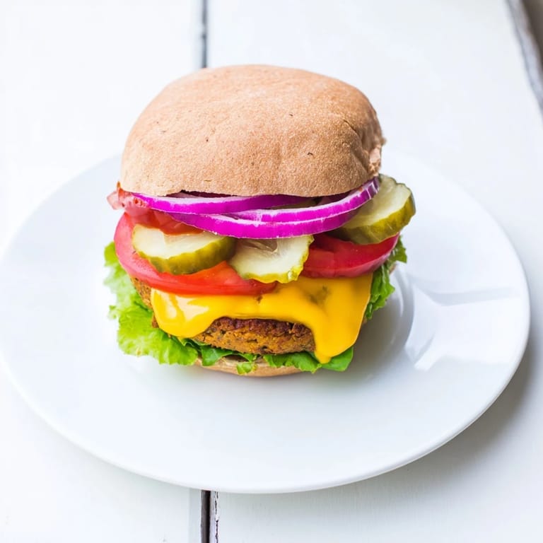 Close-up of a savory Veggie Burger showcasing a hearty chickpea patty with melted cheese and fresh veggies.