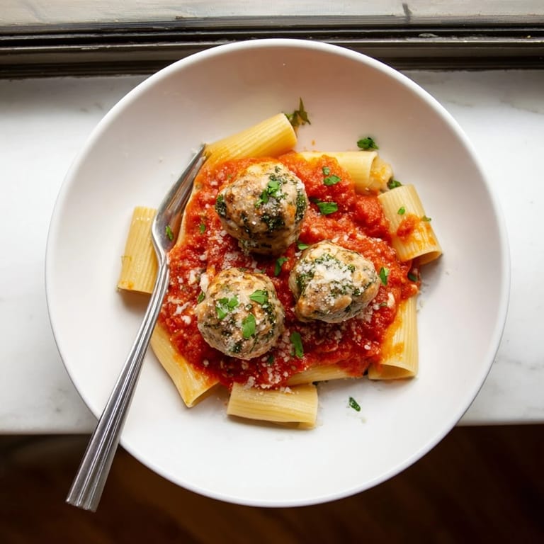 Tender baked turkey meatballs garnished with fresh parsley, paired with pasta, showcasing a healthy Italian-American main dish recipe.