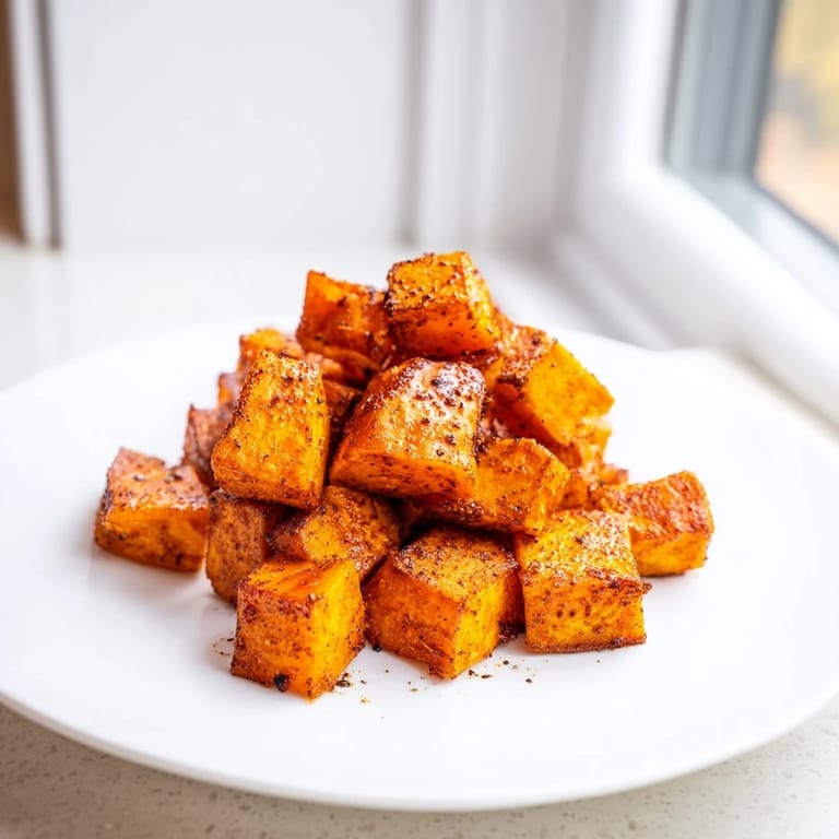 A close-up of Roasted Sweet Potatoes, seasoned with paprika and garlic, piled high on a rustic baking sheet.
