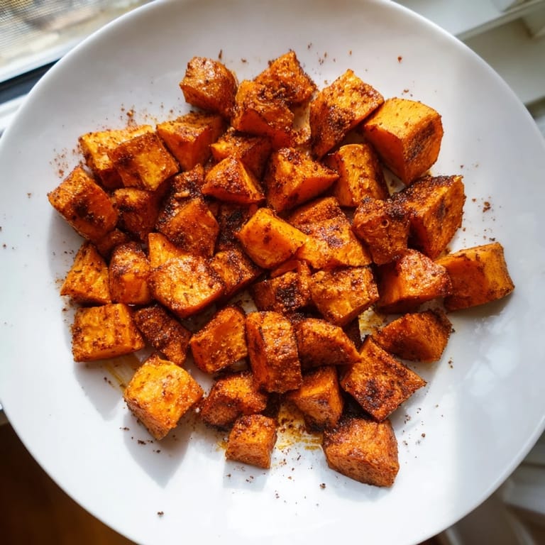 Oven-baked Roasted Sweet Potatoes tossed in olive oil and spices, ideal for a gluten-free dinner side or salad topping.