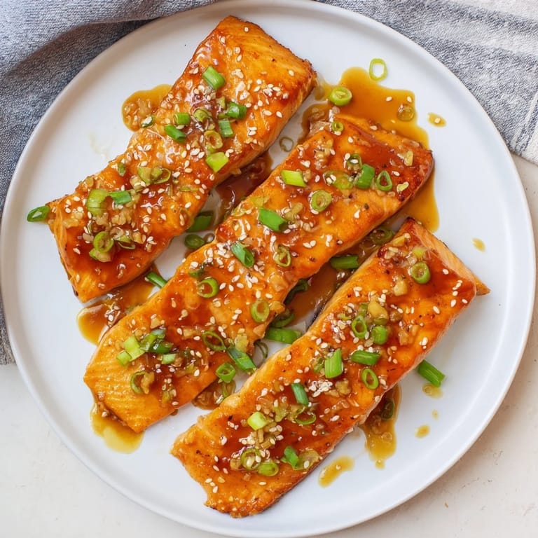 Savory Honey Garlic Salmon resting on fluffy white rice next to bright green steamed broccoli.