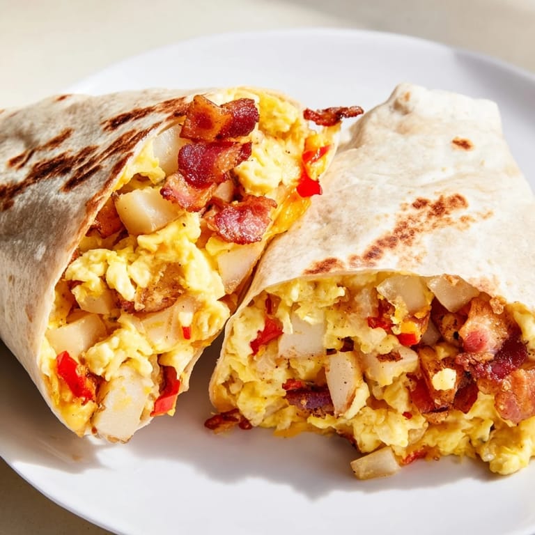 A warm Breakfast Burrito sliced in half, revealing savory scrambled eggs, potatoes, and gooey melted cheese.