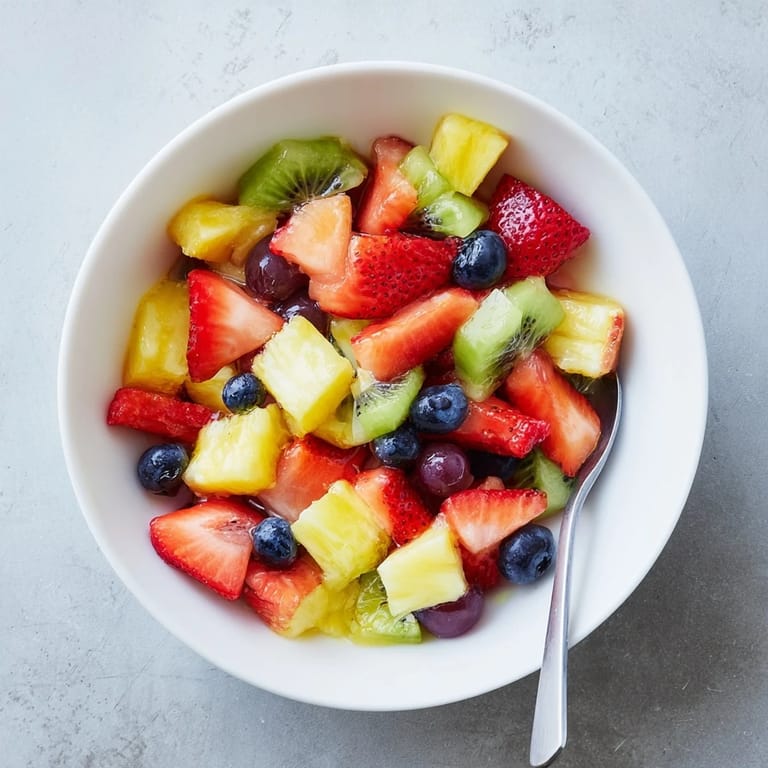 Homemade Fruit Salad with juicy pineapple and grapes, garnished with mint, offers a refreshing vegan dessert.