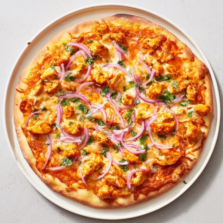 Sliced wedges of Chicken BBQ Pizza on a wooden board, showcasing juicy grilled chicken under a tangy barbecue sauce glaze.