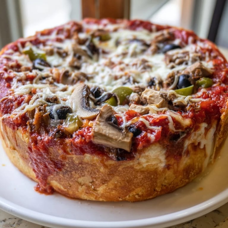 Freshly baked Deep Dish Pizza in a cast-iron pan, topped with bell peppers, mushrooms, and pepperoni, ready to be sliced for dinner. 