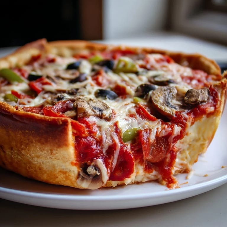 Cheesy Deep Dish Pizza with a thick, golden crust, served on a wooden board with fresh basil leaves for a classic Chicago-style meal.