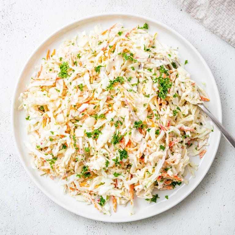 Vibrant bowl of Coleslaw with Apple, creamy dressing drizzled over shredded cabbage, carrots, and apples ready to serve.