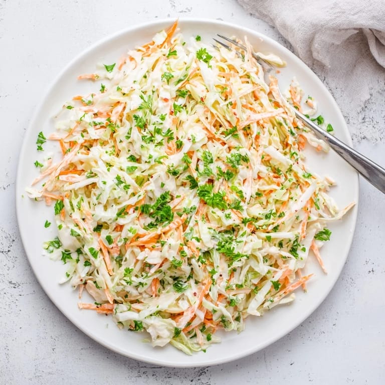 Coleslaw with Apple features crisp veggies and sweet tangy notes, topped with fresh parsley for a refreshing side.