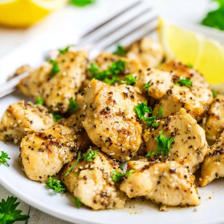 Golden pan-seared Lemon Pepper Chicken sliced to reveal tender meat, drizzled with pan juices alongside a simple green salad.