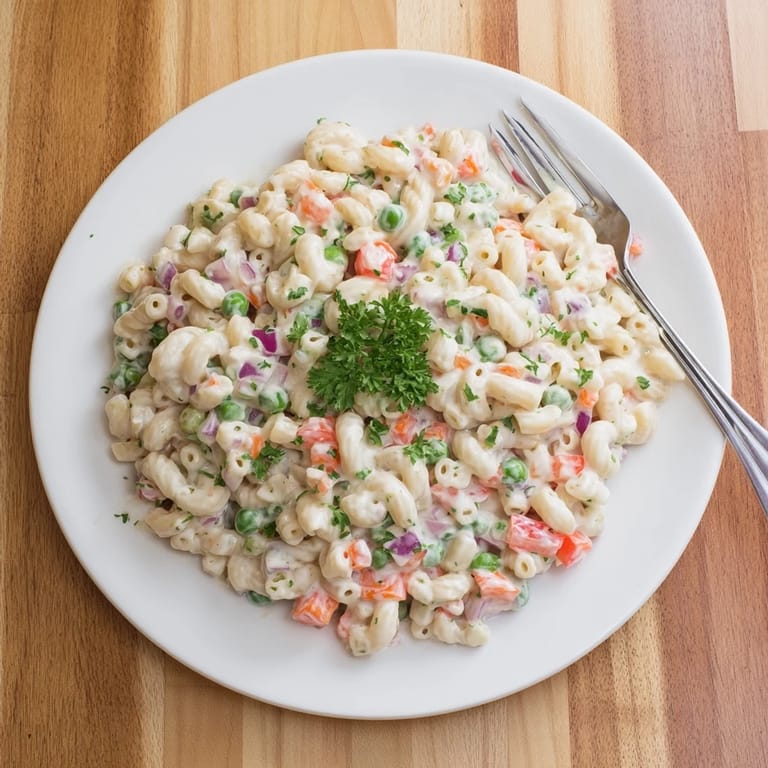 Overhead view of a chilled Macaroni Salad in a ceramic serving dish, mixed with elbow pasta, grated carrots, and celery.