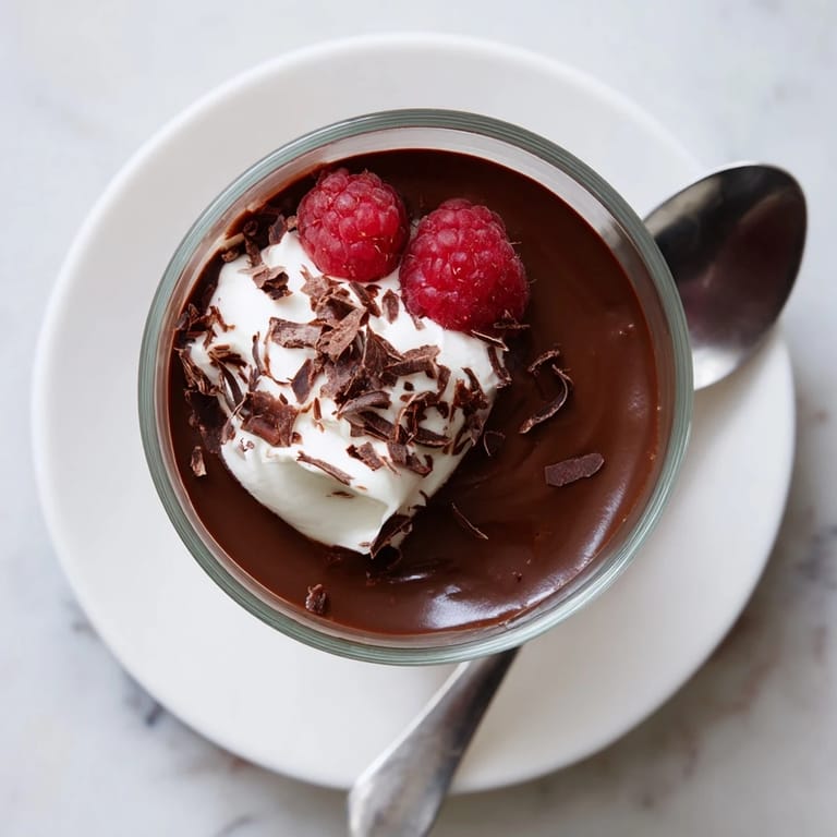 Rich chocolate pudding in a glass with whipped cream and mint garnish.