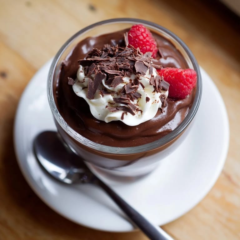 Chilled chocolate pudding dessert in a glass, ready to serve at a dinner party.