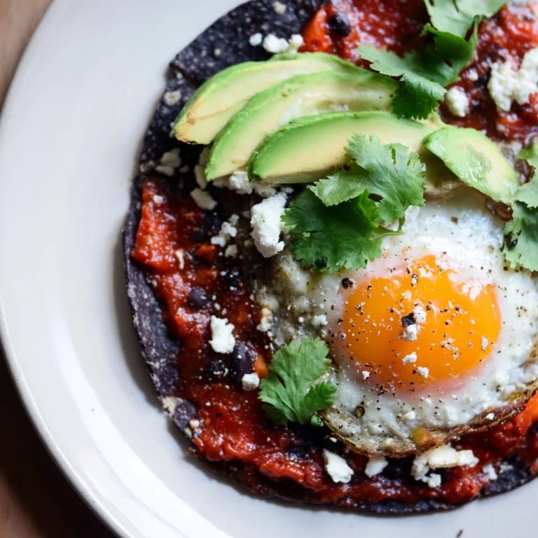 Hearty vegetarian Huevos Rancheros breakfast featuring golden fried eggs, warm black beans, and vibrant tomato salsa served on toasted corn tortillas with lime.