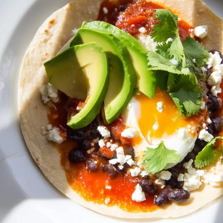 Enjoy classic Mexican Huevos Rancheros with a spicy kick: runny-yolk fried eggs, crumbled feta, and robust tomato sauce piled high on corn tortillas.