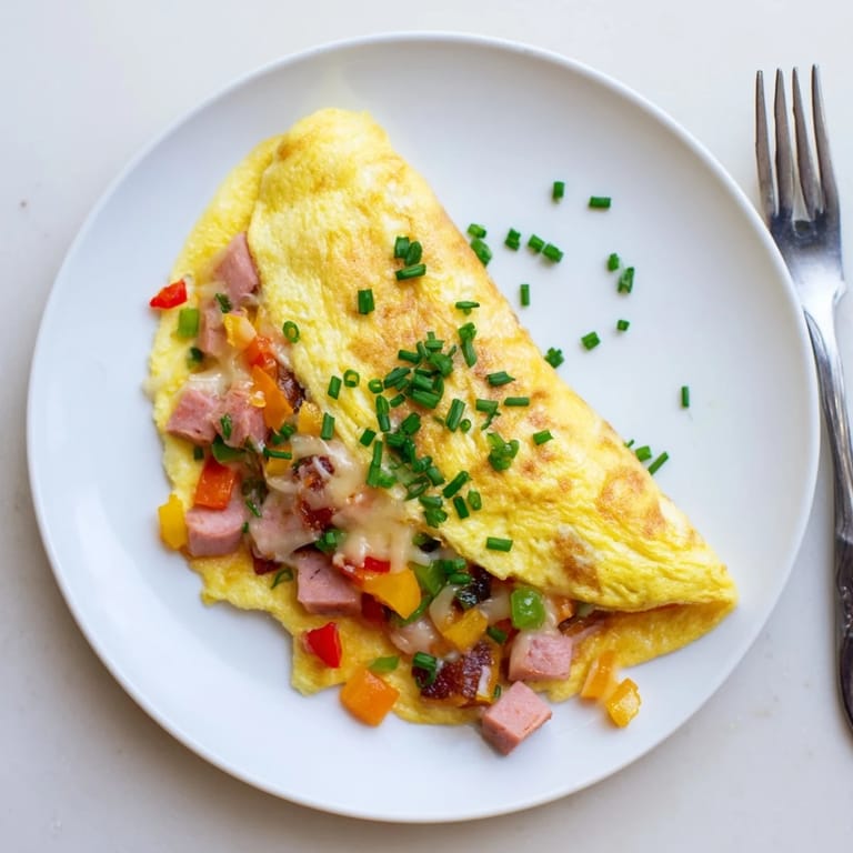 Freshly cooked omelet with cheese on a plate, ready to serve with crusty toast.