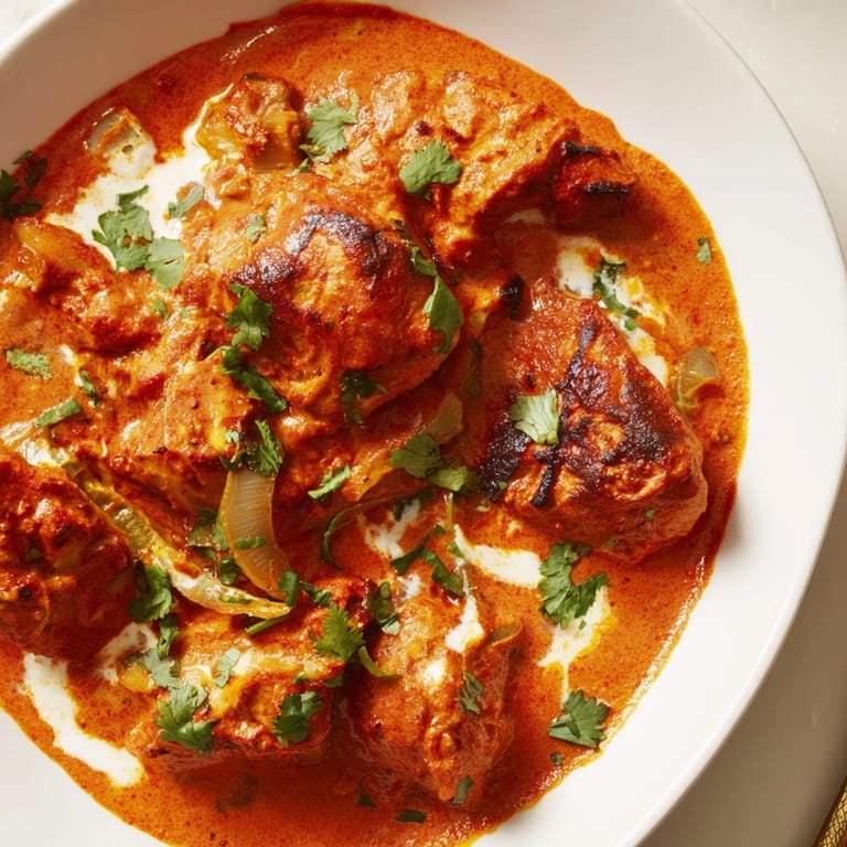 Broiled Chicken Tikka Masala chicken pieces simmered in a rich, spiced sauce inside a cast-iron skillet.