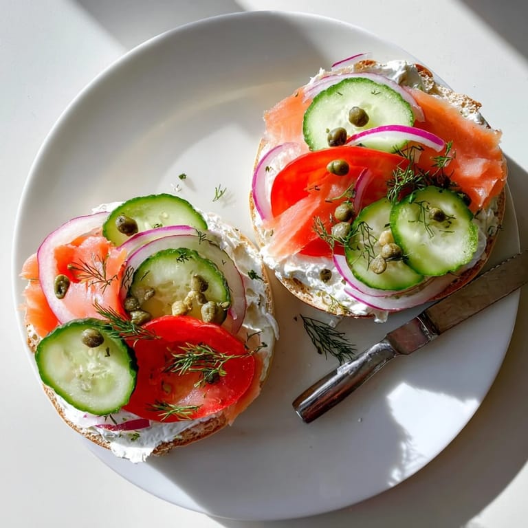 Close-up of a warm bagel with cream cheese, fresh sliced tomatoes, cucumbers, and dill on a rustic plate.