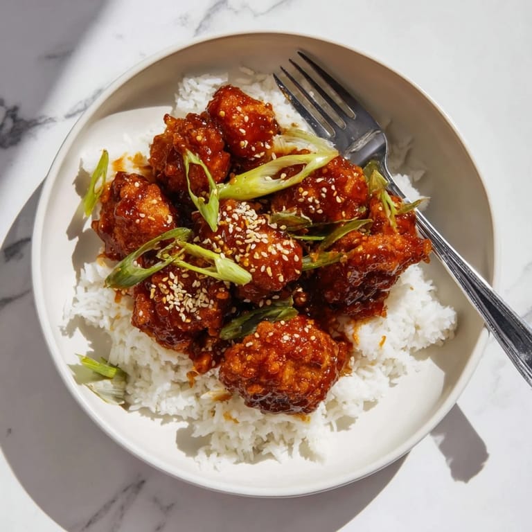 Spicy-sweet General Tsos Chicken stir-fry with chilies, sesame seeds, and scallions.