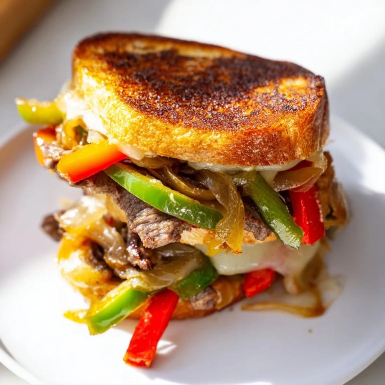 Sizzling Philly Cheesesteak Grilled Cheese in a skillet, golden crust with visible pepper and onion filling, served with a side of crisp fries.