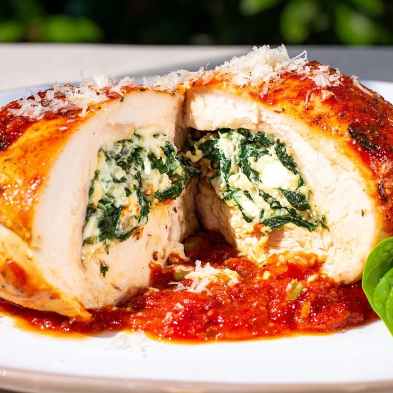 Tender chicken breasts filled with creamy spinach and ricotta, served hot over a bed of al dente pasta.  
