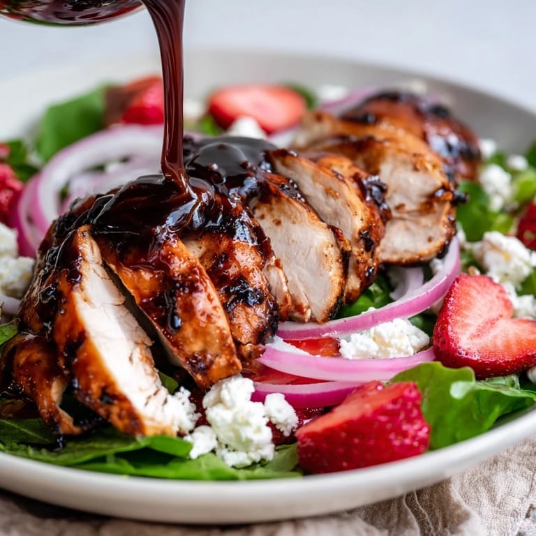 Colorful ingredients for honey balsamic chicken salad are artfully arranged, showcasing bright strawberries, red onion slices, crumbled goat cheese, and mixed greens ready to be tossed.