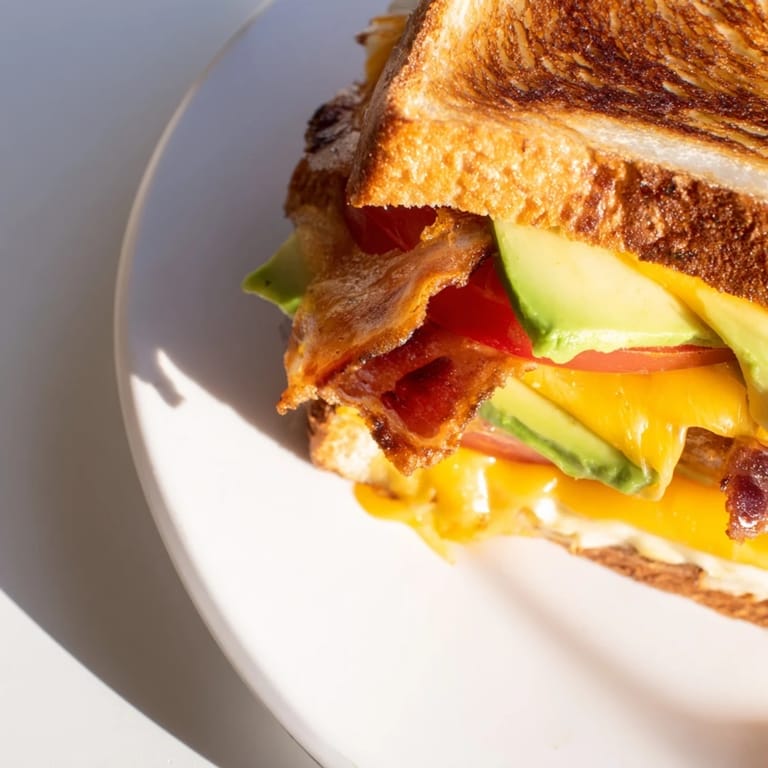 Sizzling Avocado BLT Grilled Cheese in a skillet, featuring crispy bacon, lettuce, and melted cheddar between buttery bread.