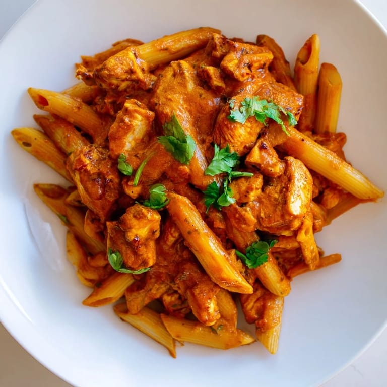 Homemade chicken tikka pasta served hot, fusion of Indian spices and Italian penne, perfect for weeknight dinner.