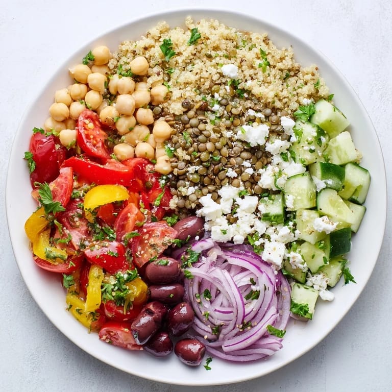 Close-up of the Greek Power Salad, showcasing diced cucumbers, cherry tomatoes, and Kalamata olives mixed with hearty grains and legumes.