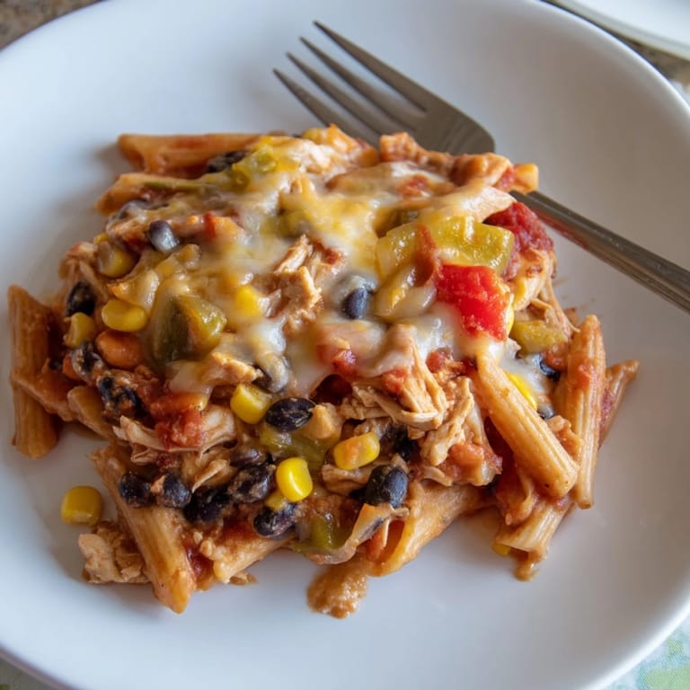 A skillet of Chicken Enchilada Pasta featuring shredded chicken, black beans, and a rich, bubbly red sauce.