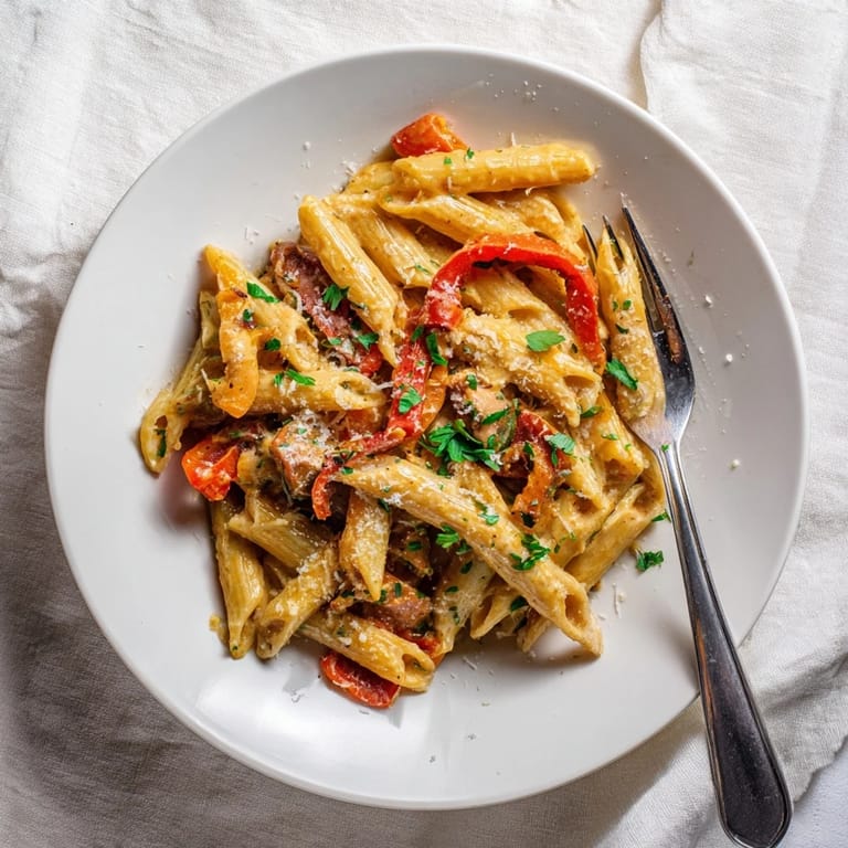 A close-up of fettuccine coated in a rich, spicy Cajun cream sauce, topped with fresh parsley and extra Parmesan cheese.  
