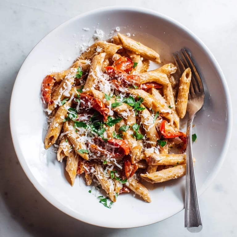 Steaming bowl of Creamy Cajun pasta, featuring penne and roasted red bell peppers, ready to be enjoyed for dinner.