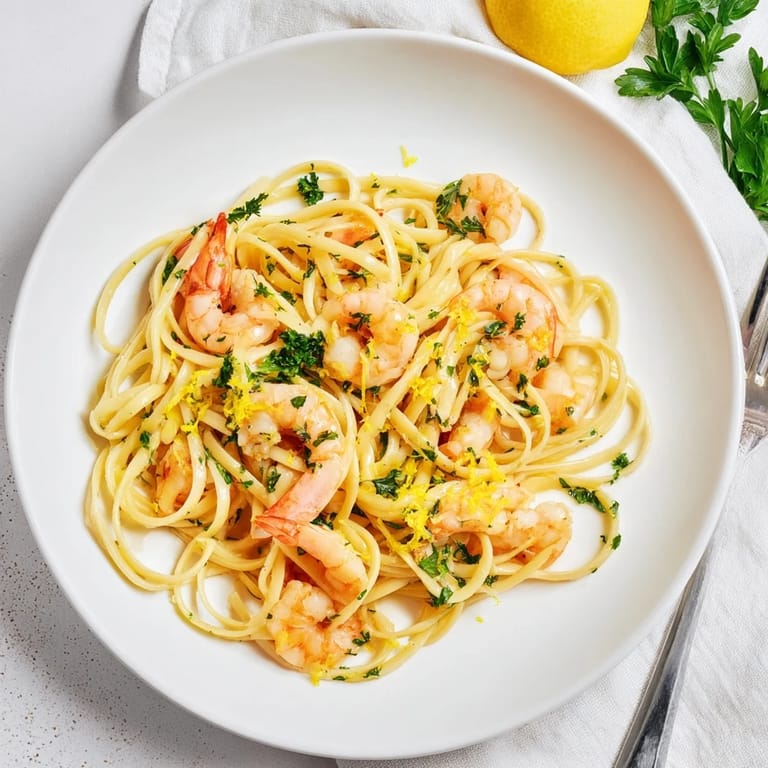 Freshly grated Parmesan and bright lemon juice enhance this Garlic Butter Shrimp Linguine served on a plate beside a crisp salad.