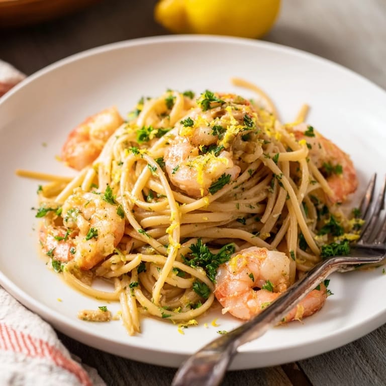 Al dente linguine glistens in a rich garlic butter sauce, with tender shrimp and red pepper flakes for a savory kick.