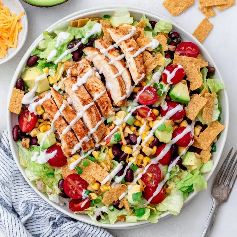 Hearty Tex-Mex Crunchy Taco Chicken Salad featuring melted cheddar, sliced green onions, and a generous sprinkle of crunchy taco shell pieces.