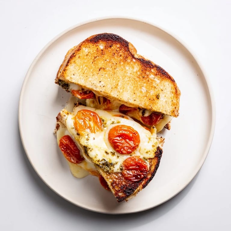 Two halves of a toasted sandwich revealing layers of sharp cheddar, basil pesto, and slow-roasted tomatoes in a Roasted Tomato Pesto Grilled Cheese.