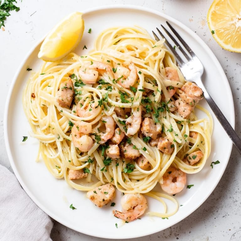 A close-up of Lemon Garlic Shrimp & Chicken Pasta reveals tender shrimp and chicken pieces nestled in al dente linguine with fresh parsley.