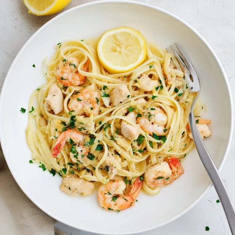 Serving suggestion for Lemon Garlic Shrimp & Chicken Pasta, with steaming strands of pasta, lemon wedges, and a sprinkle of red pepper flakes.